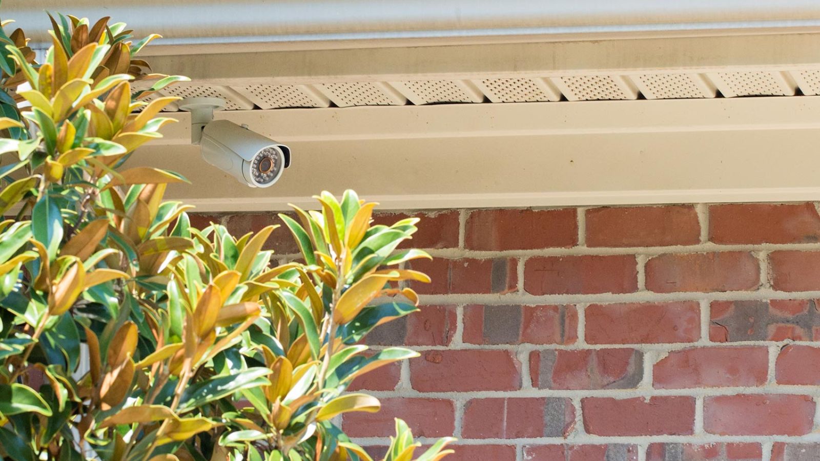 Corner-mounted dome security camera on the soffit of a brick home, with bushes below.